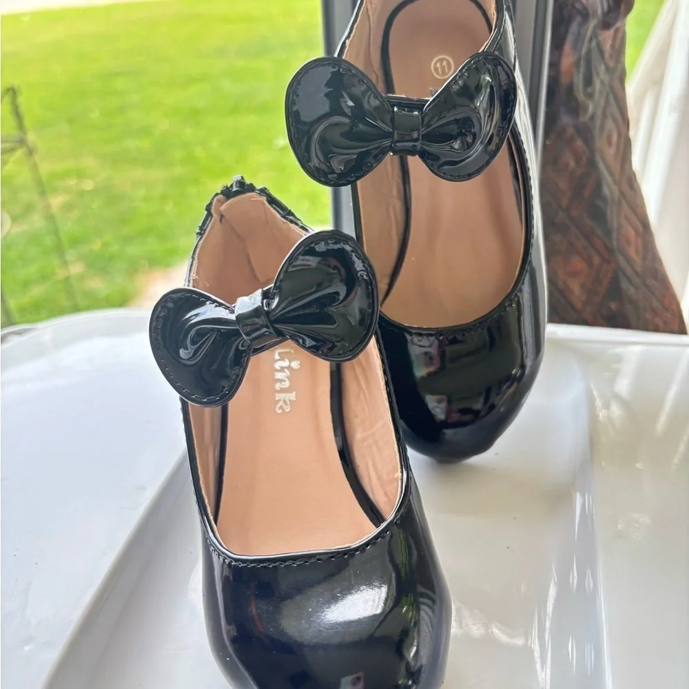 girl's kids back zipper closure mary jane bow wedding flower girl Black